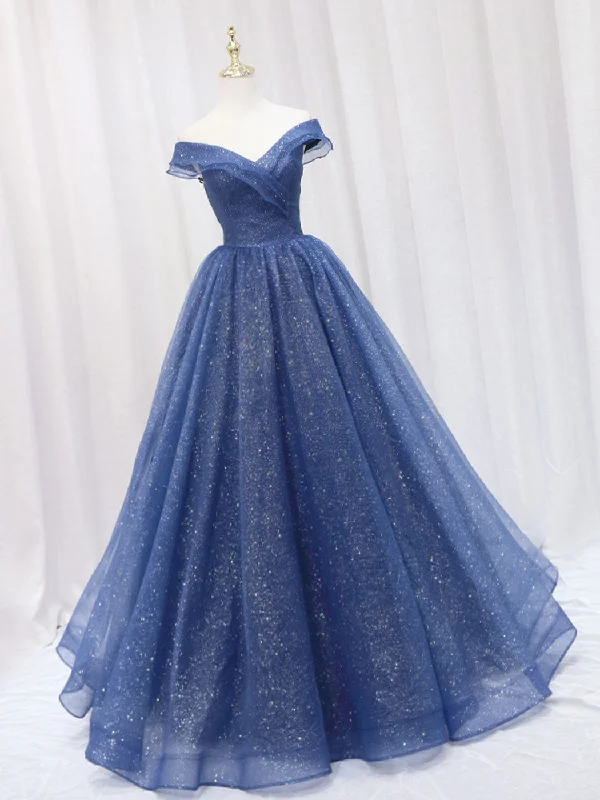 Great Deals A-Line Off Shoulder Dark Blue Long Prom Dress, Shiny Tulle Long Graduation Dress
